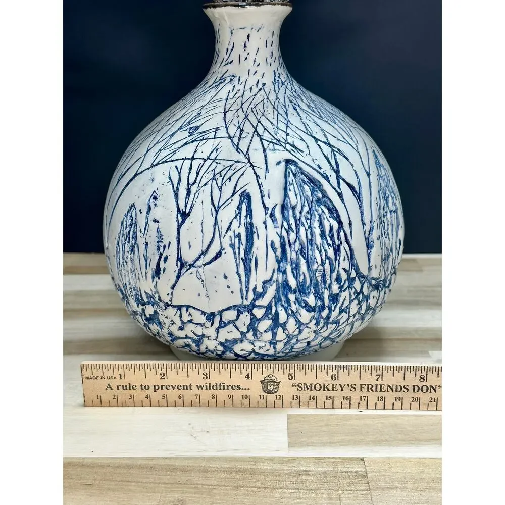 Large Studio Pottery Vase Blue White Textured Forest Trees Cottagecore Décor 11”